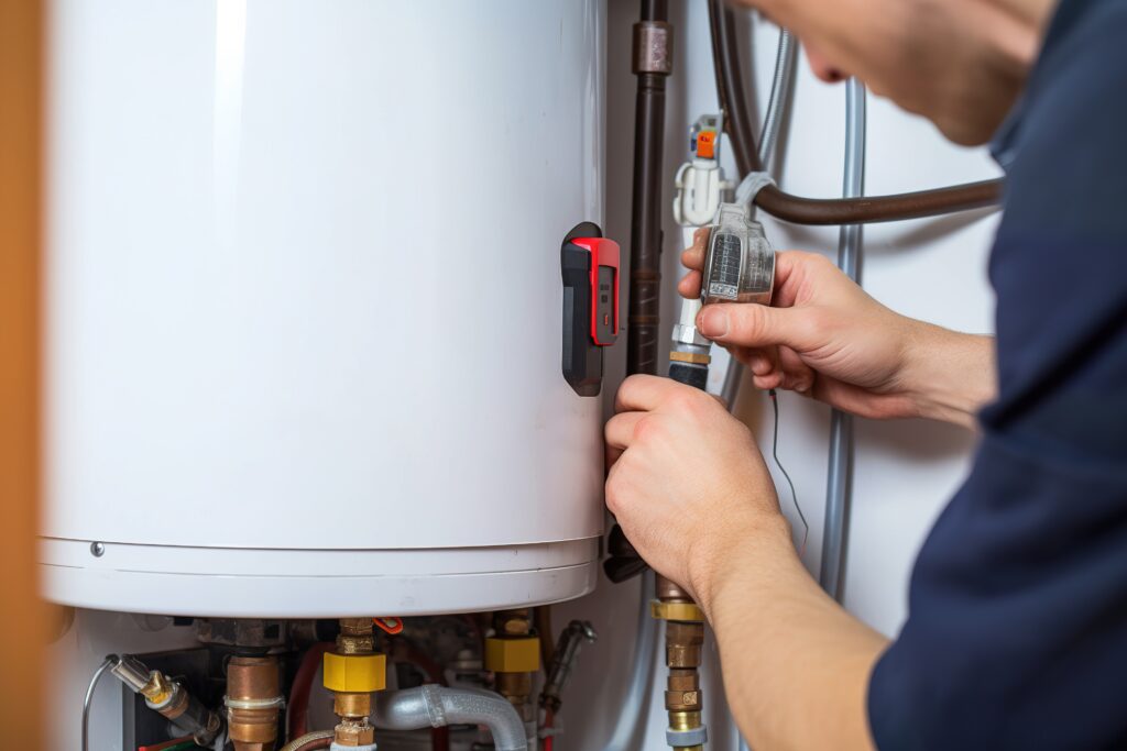 A technician working on a water heater