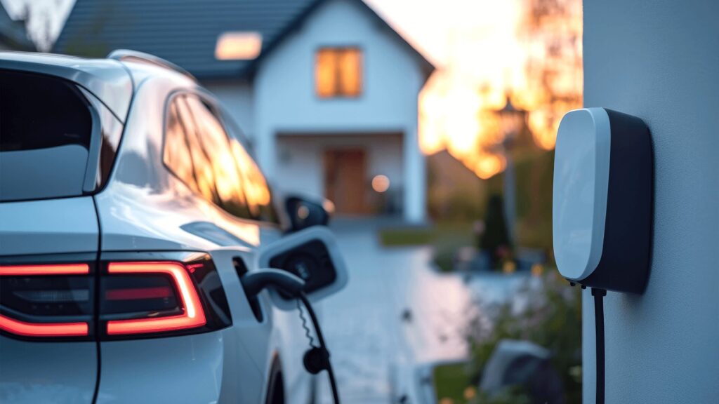 Electric vehicle plugged into a wall-mounted EV charger outside a home in Tyler, Texas