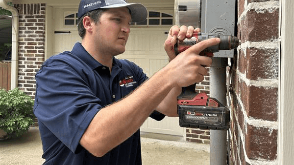 Electrician performing exterior electrical installation on a brick home in Tyler, TX, using a power drill near an electrical meter box.