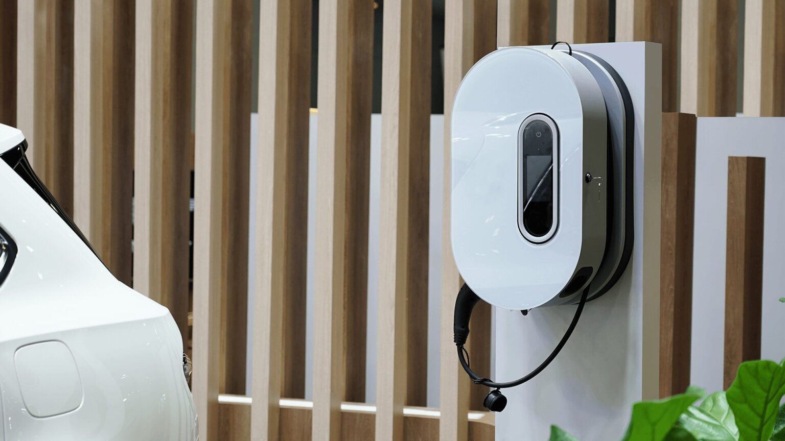 Wall-mounted EV charger next to a white electric vehicle in Tyler, Texas