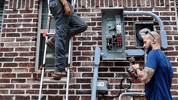 Evans Air electricians performing panel upgrades and rewiring on the exterior of a brick home in Tyler, TX.