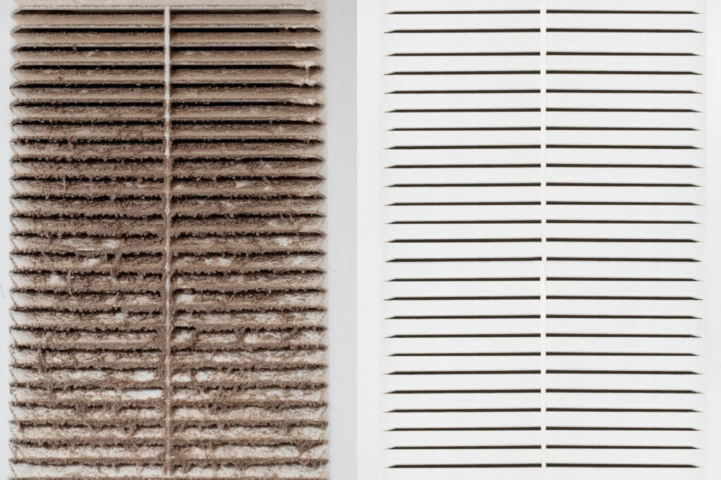 Comparison of a dirty and clean air filter, representing the condition of AC ducts before and after cleaning by The Original Evans Air.