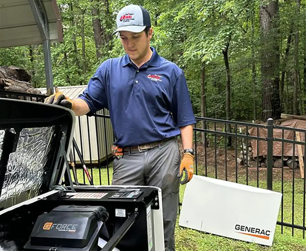 Evans technician preparing a Generac G-Force standby generator unit for installation at a home