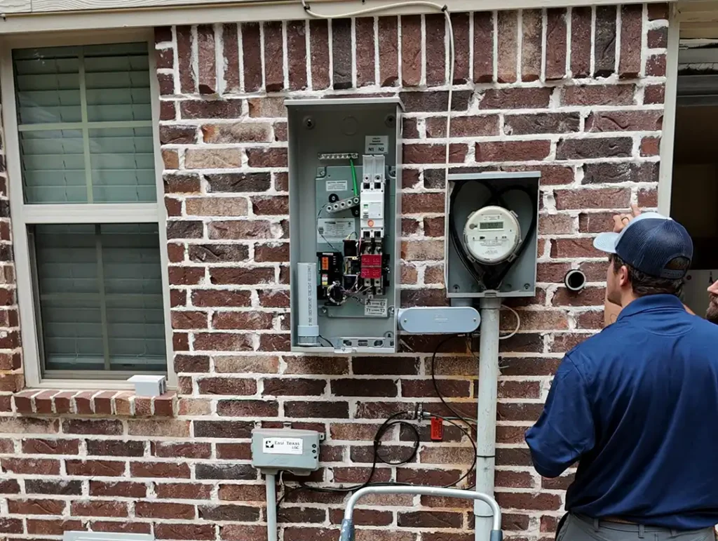 Evans technician on ladder working on exterior electrical panel during Generac generator installation